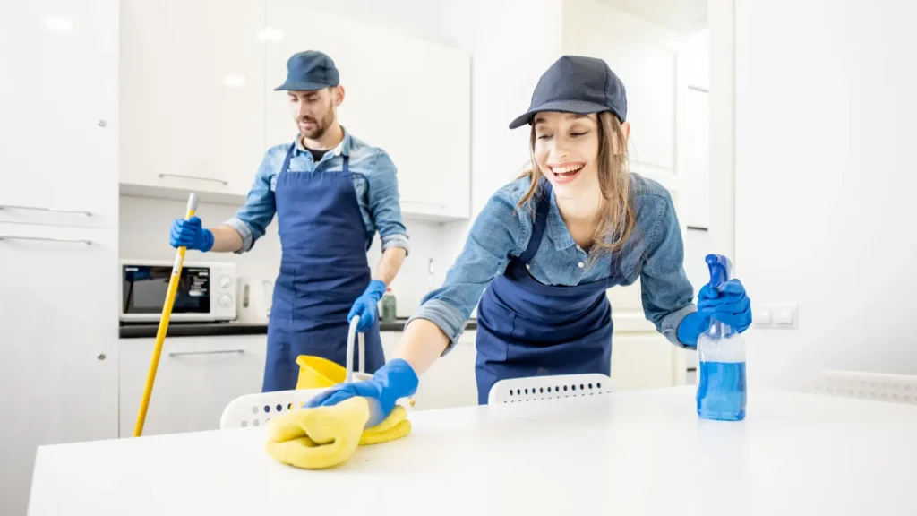 Smiling domestic cleaners with navy aprons and blue hats, cleaning a kitchen.